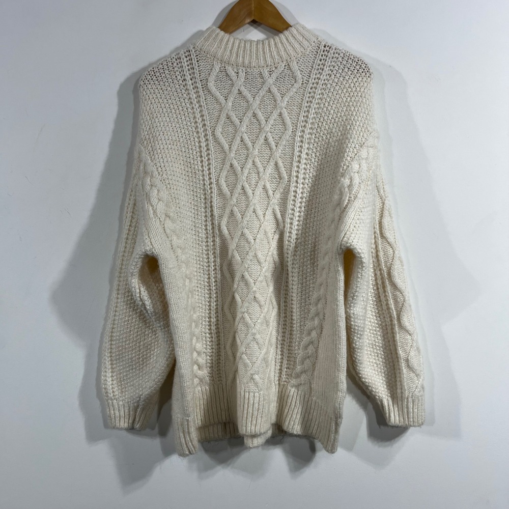 HM Fisherman Coastal Cream Cable Knit Wool Mock Neck Sweater Size Medium Granola
